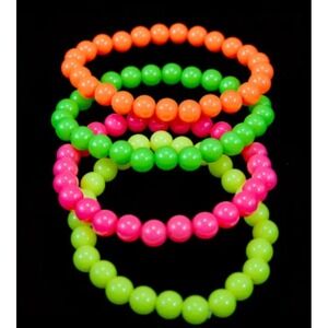Neon Beaded Stretch Bracelets Set of 4 Pink Green Orange Yellow Retro Rave 80s